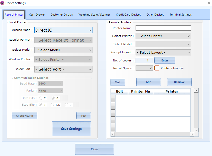 Verifying Printer and Drawer set up